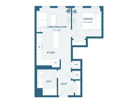 A floor plan of a house with a living room, kitchen, bathroom, and bedroom.